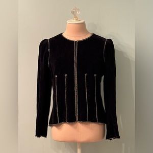 CHANEL Black Velvet Pewter Chain Link Bow Trim Zip Jacket Autumn 2006 EU 44